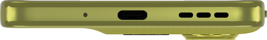 Olajzöld telefon alsó széle mikrofonnal, USB-C porttal és hangszóró lyukakkal. A szél lekerekített és fényes.