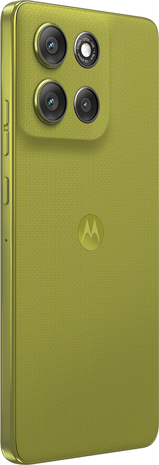 Zöld okostelefon hátlapja négy kamerával és Motorola logóval. A telefon texturált felülettel és arany kerettel rendelkezik.