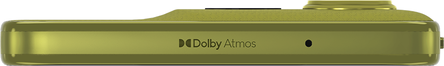 Olívazöld telefonoldal Dolby Atmos logóval és fekete ponttal. A felső rész texturált felülettel rendelkezik.
