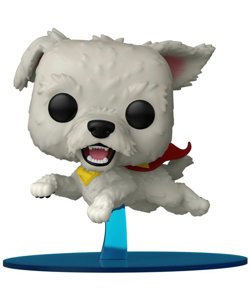 Biała figurka psa z czarnymi oczami, czerwoną peleryną i żółtym kołnierzem. Jest w locie, wspierana przez niebieski stojak na niebieskiej podstawie.