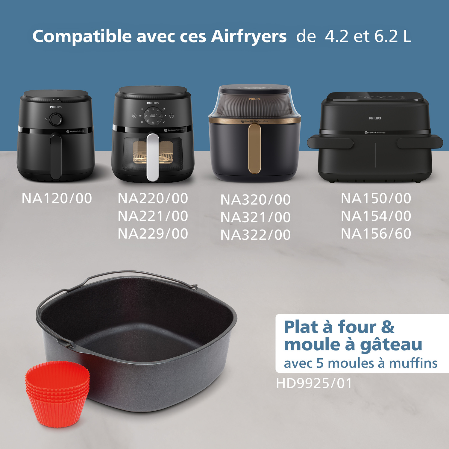 L'image montre les Airfryers Philips et accessoires. Les Airfryers sont noirs et les modèles sont listés. Les accessoires incluent un plat de cuisson et moules à muffins.