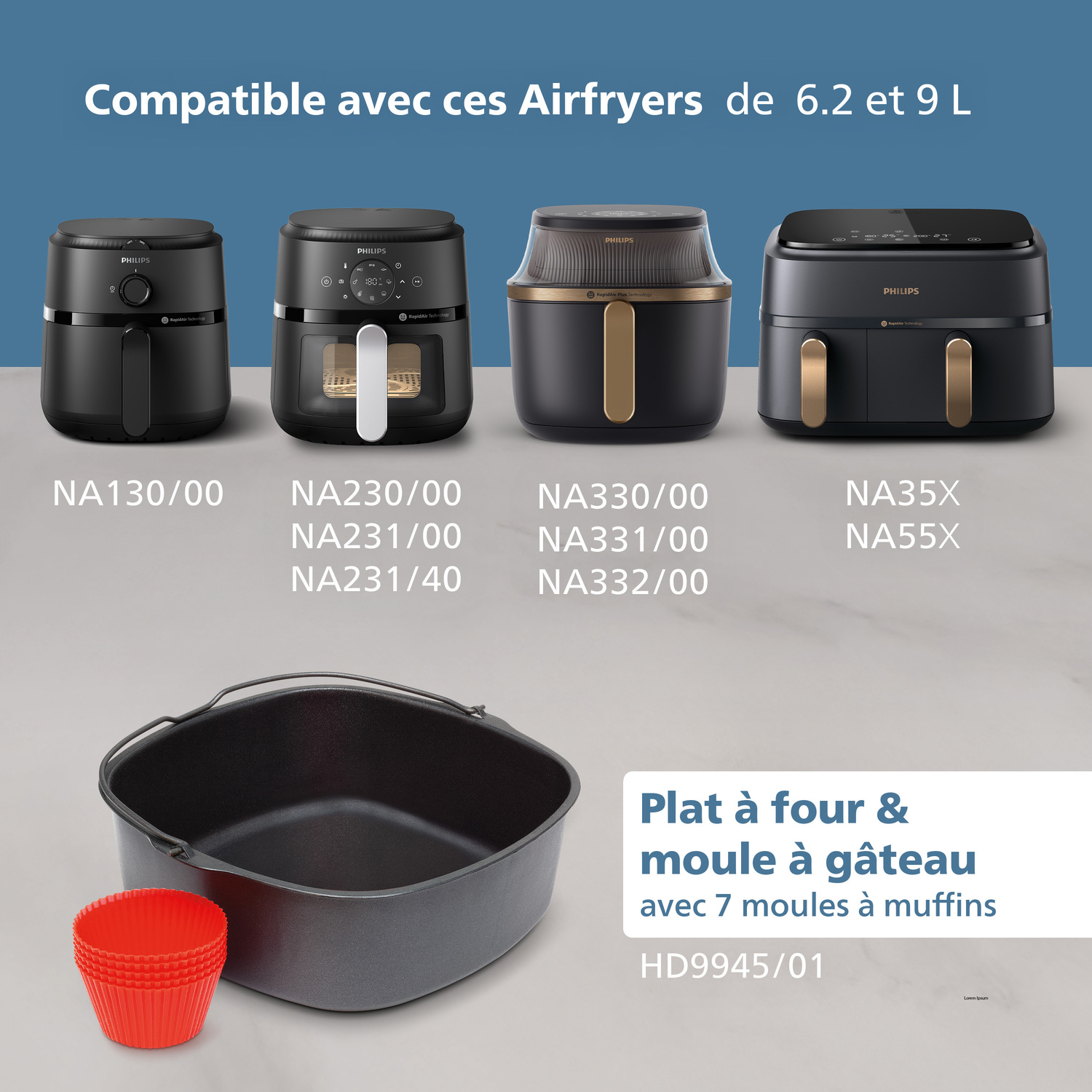Een afbeelding toont Philips Airfryers en bakaccessoires. Vier airfryers worden weergegeven, samen met een bakplaat en rode muffinvormpjes.