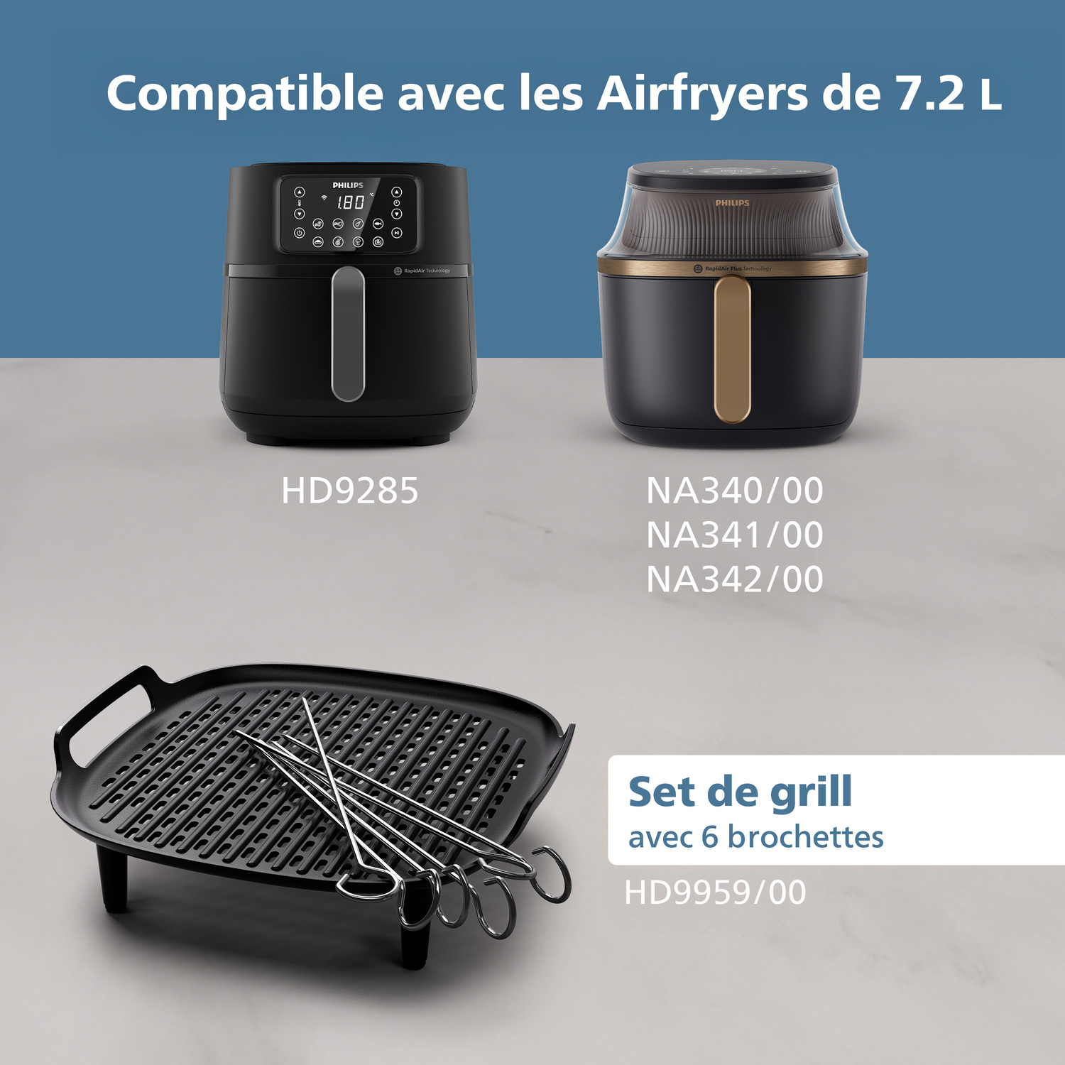 L'image affiche une friteuse à air, un ensemble de grill et un autre modèle de friteuse à air. Le texte comprend les numéros de modèle et les détails de compatibilité.
