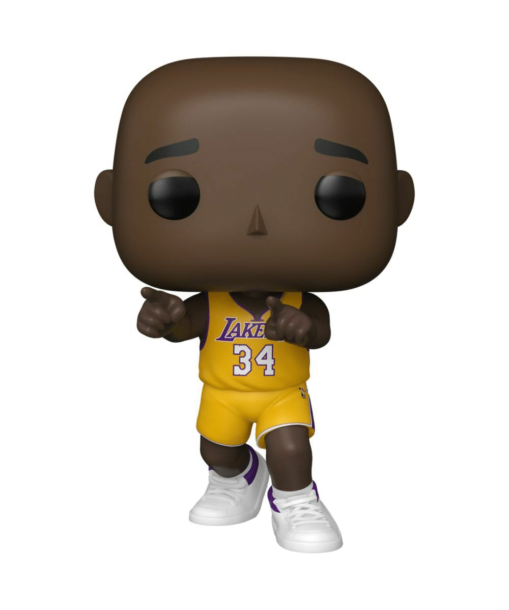 Figurka Funko Pop koszykarza w żółtej koszulce Lakers z numerem 34. Ma białe buty z fioletowymi detalami.