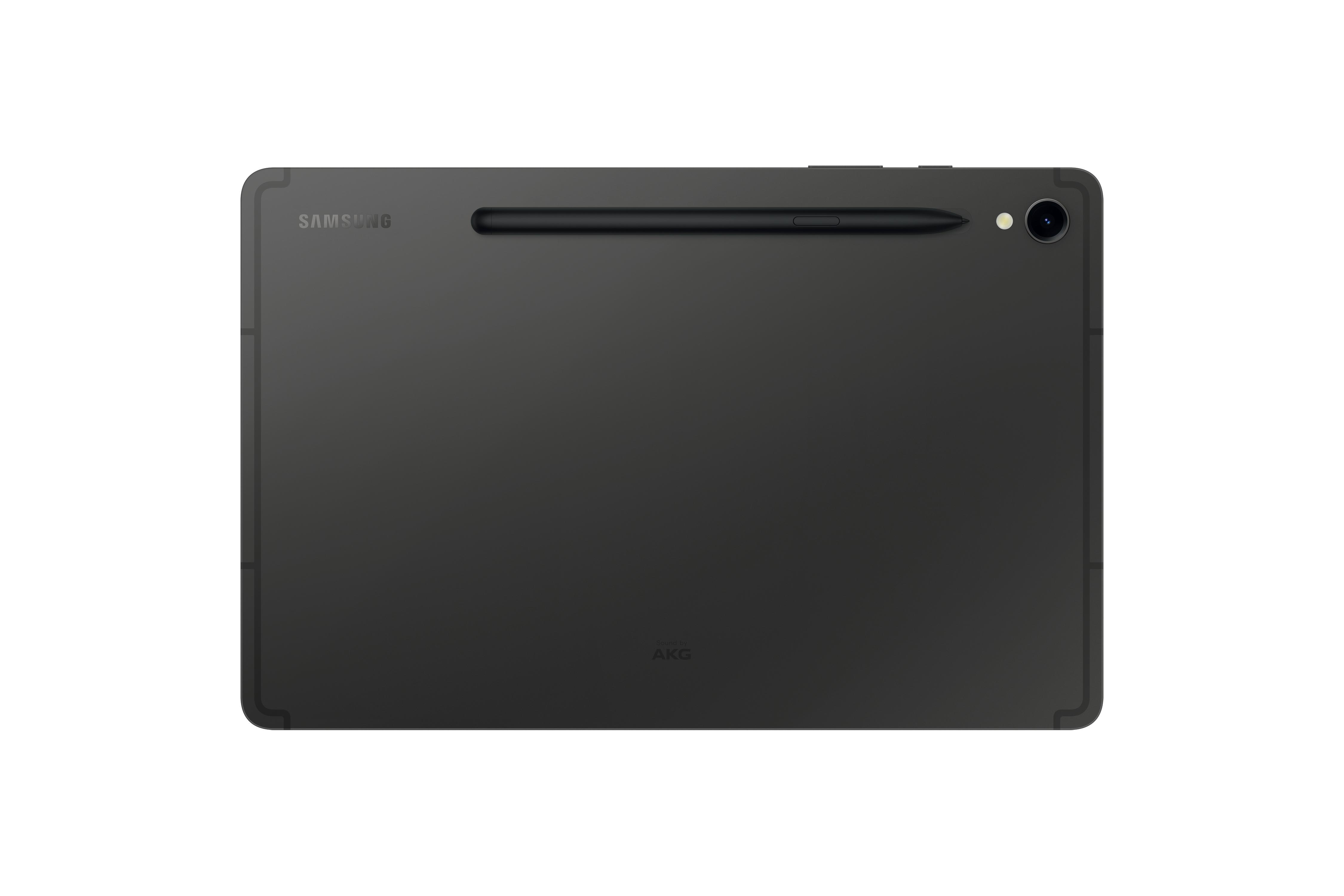Ein dunkelgraues Samsung-Tablet mit Stift. Das Tablet hat eine Kamera und das Samsung-Logo. Der Hintergrund ist weiß.