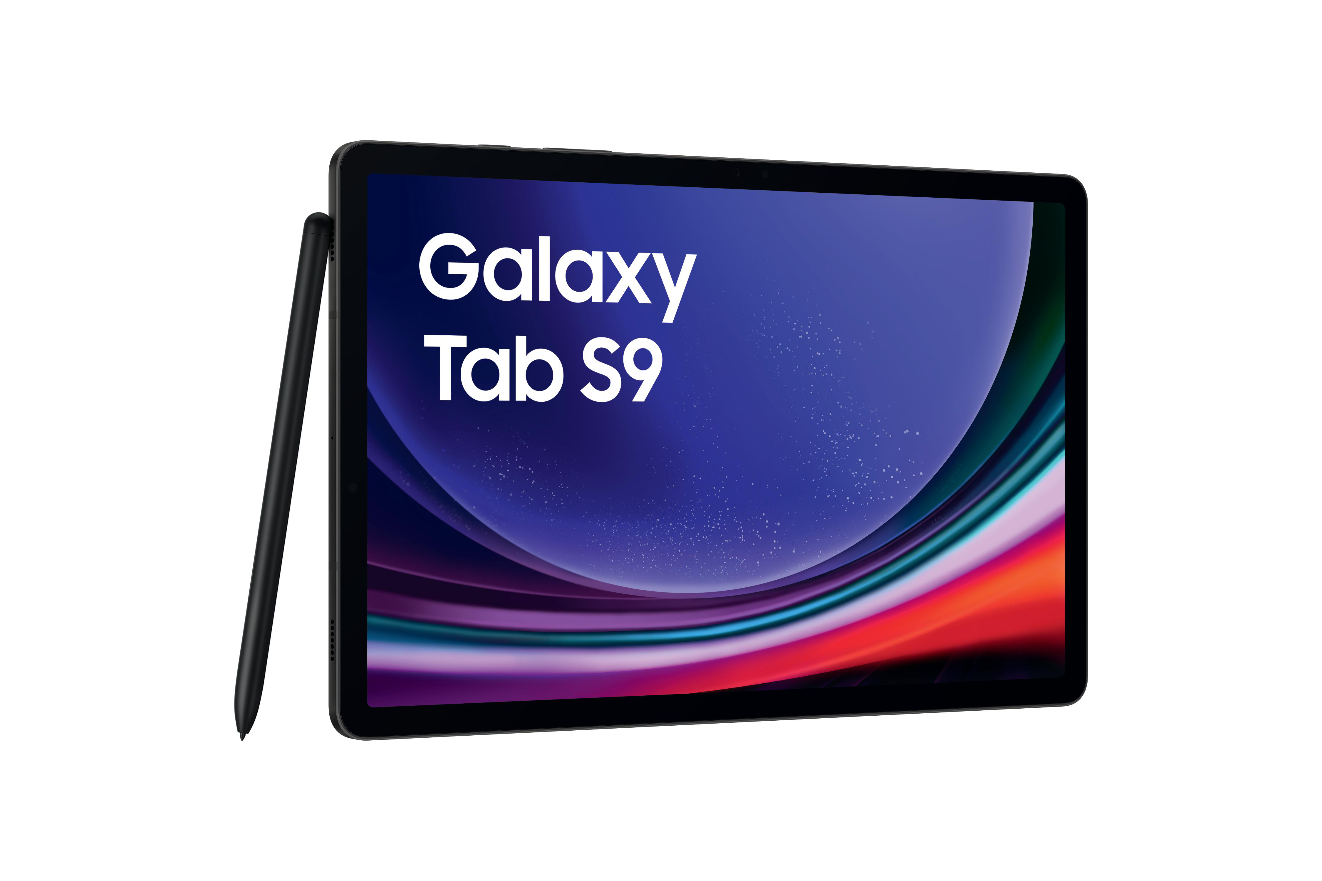 Ein schwarzes Tablet mit dem Schriftzug 'Galaxy Tab S9' auf dem Bildschirm. Ein schwarzer Eingabestift daneben, auf weißem Hintergrund.