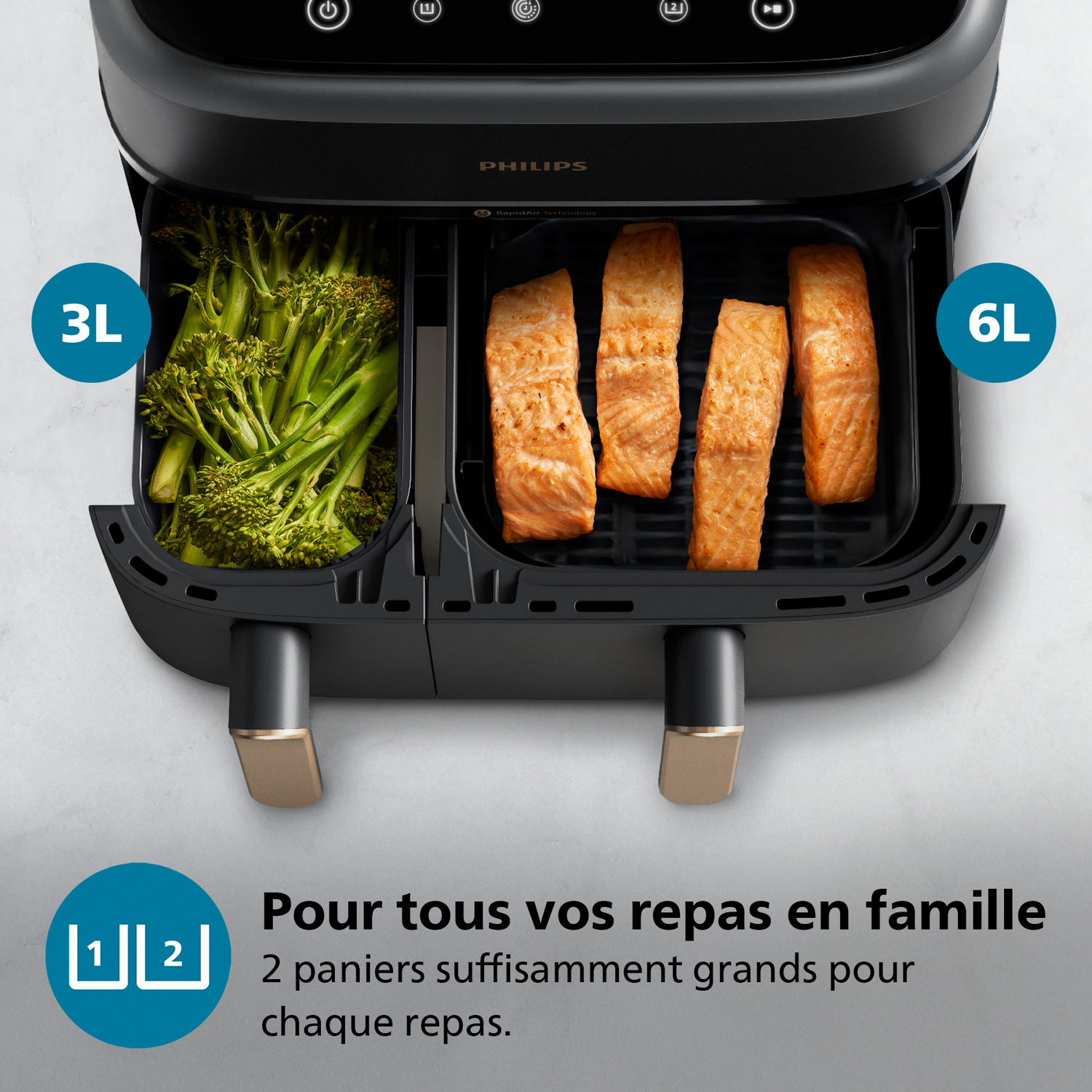Une friteuse à air avec deux paniers, un avec du brocoli, l'autre avec du saumon. Texte : 'Pour tous vos repas en famille'.