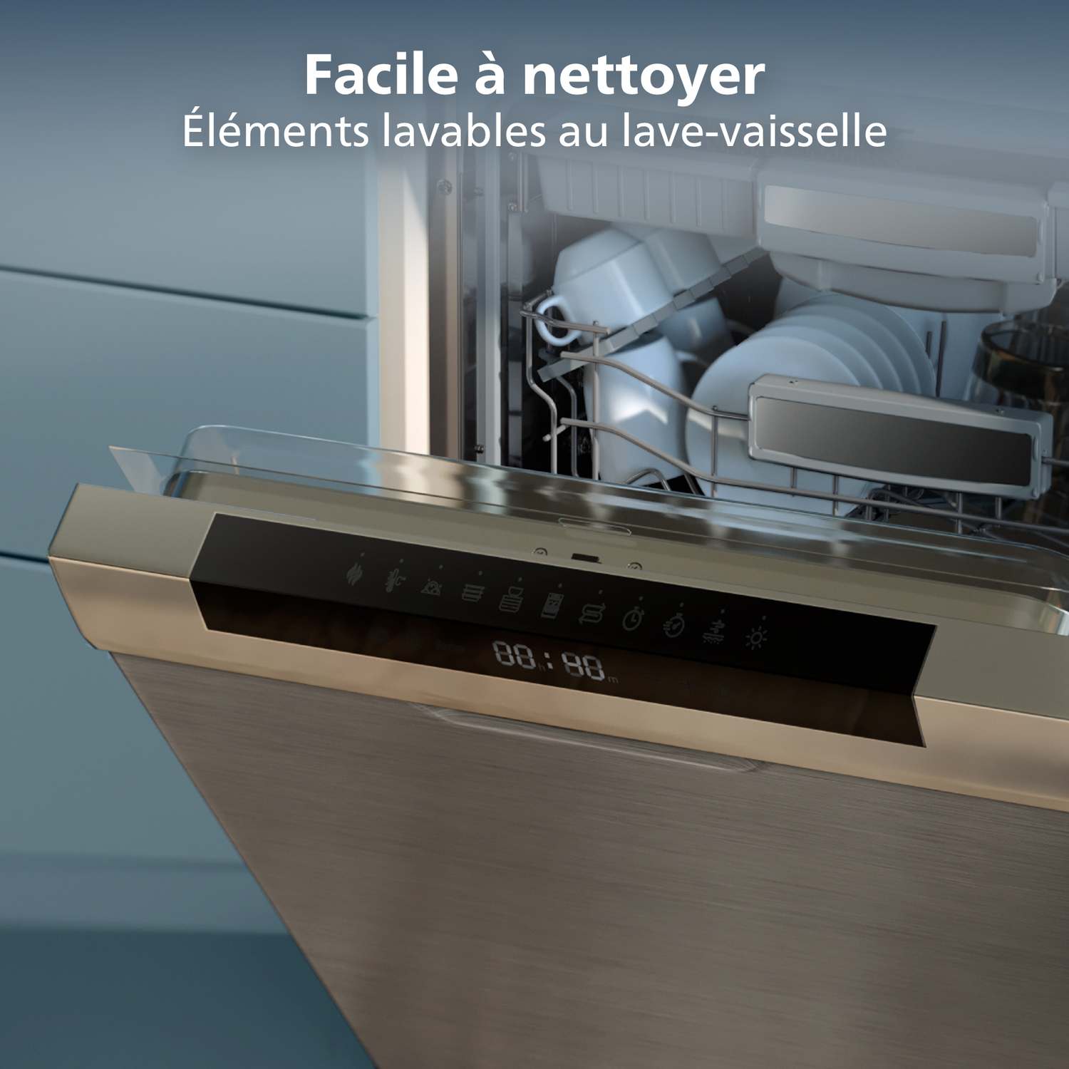 Een vaatwasser met de deur open, waar de binnenkant met schone vaat te zien is. Het voorpaneel heeft een digitaal display met de tijd.