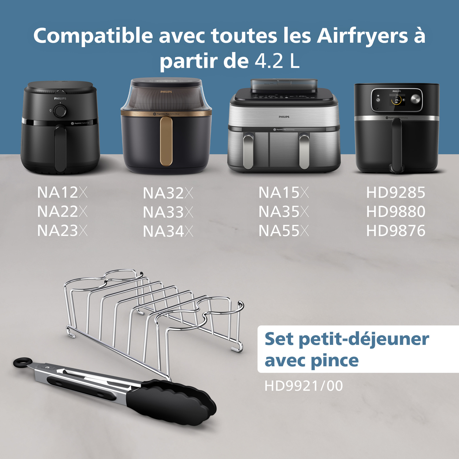 Een advertentie met vier airfryers, een ontbijtset en een tang. Tekst luidt: Compatibel met Airfryers vanaf 4,2L.