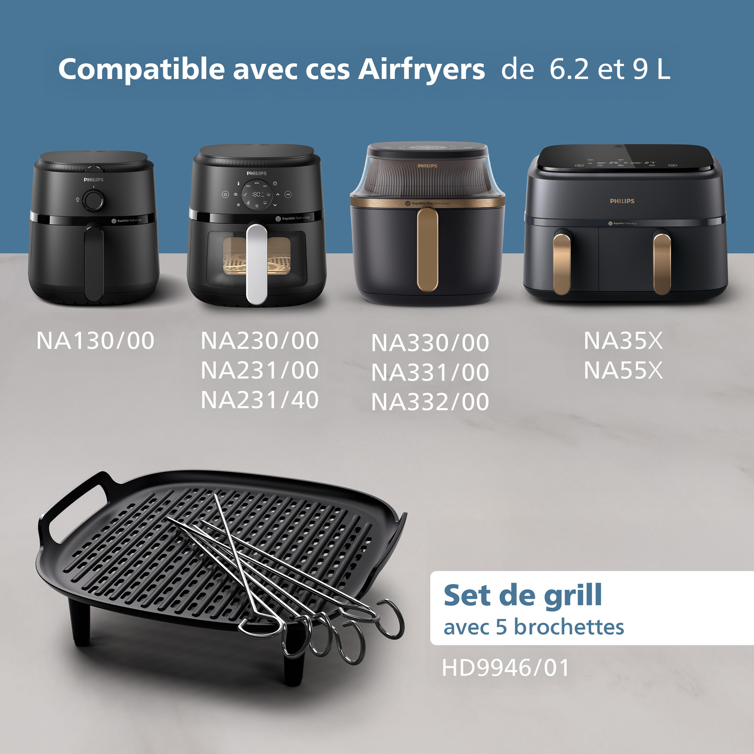 Afbeelding toont verschillende Philips Airfryers en een grillsset met spiesjes. Airfryers zijn zwart, de grill is zwart met metalen spiesjes.