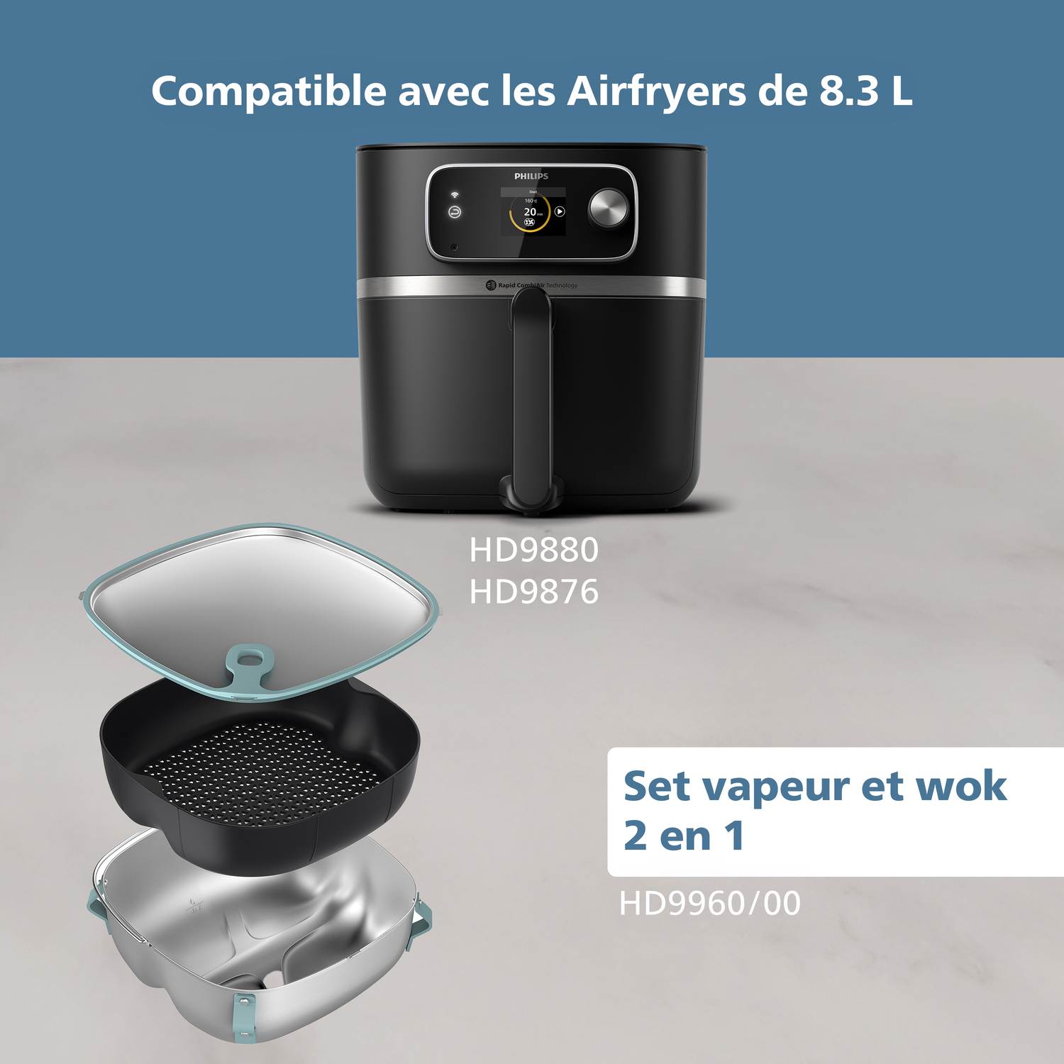 Zwarte Philips airfryer met accessoires. Inclusief glazen deksel, zwart geperforeerd bakje en zilveren bakje. Tekst: Stoom- en wokset 2 in 1.