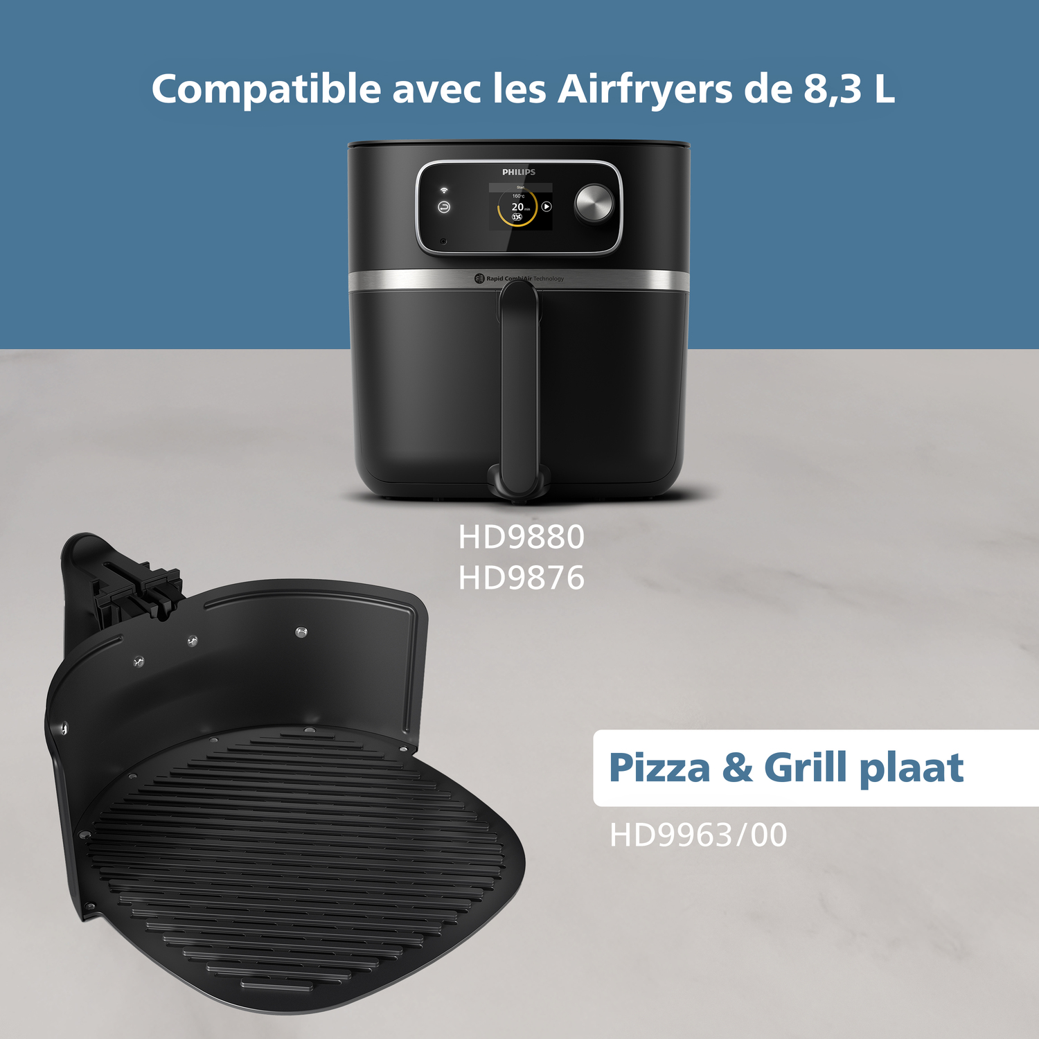 Airfryer Philips noir et plaque de grill. Le texte indique la compatibilité avec les Airfryers de 8,3L. Les numéros de modèle HD9880 et HD9876 sont visibles.