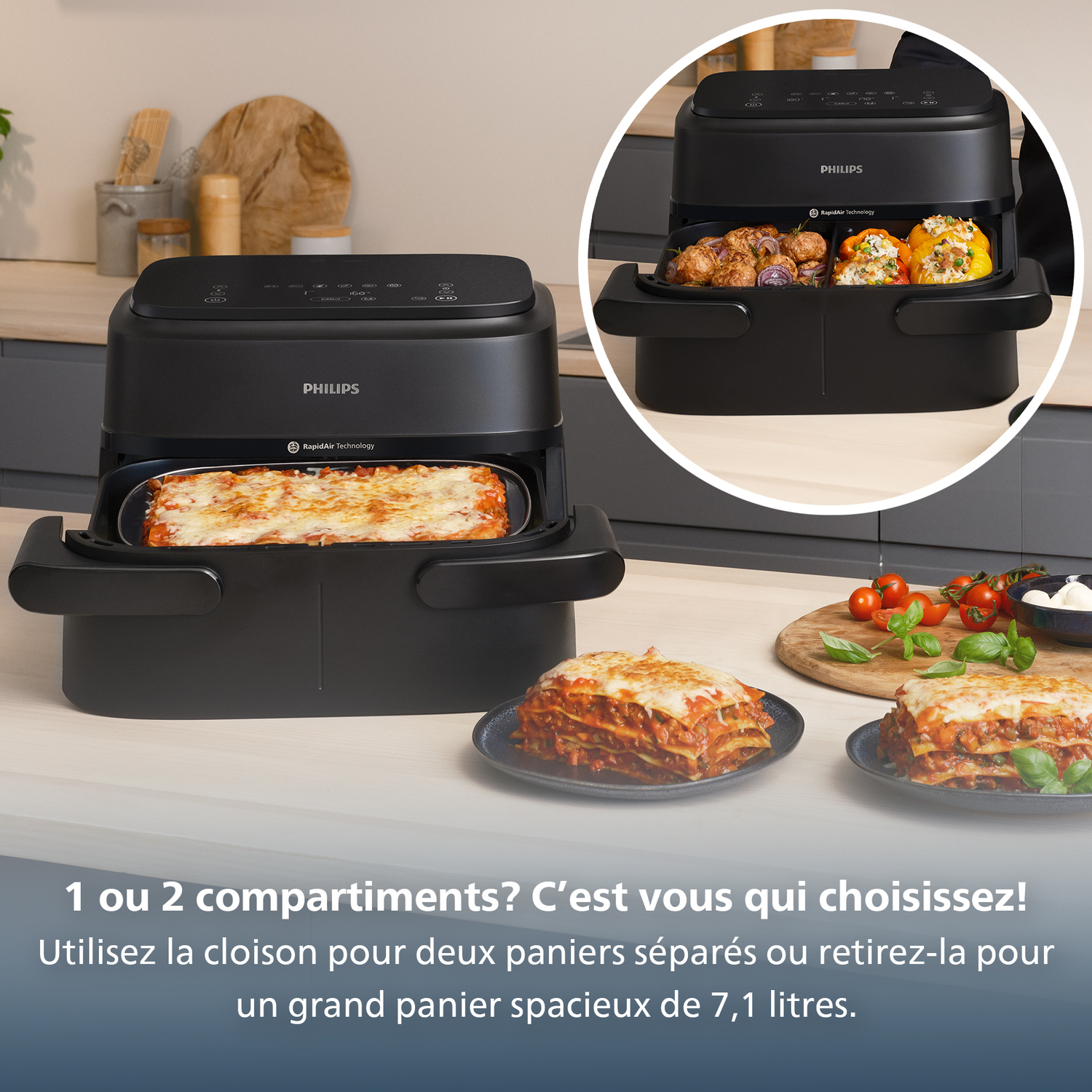 Zwarte Philips airfryer met lasagne, geroosterde groenten en tekst. Biedt één of twee compartimenten.