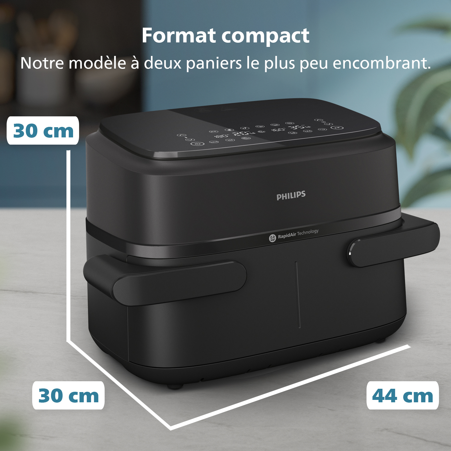 Een zwarte Philips airfryer, compact ontwerp, met afmetingen weergegeven. Tekst geeft 'Format compact' en 'RapidAir Technology' aan.