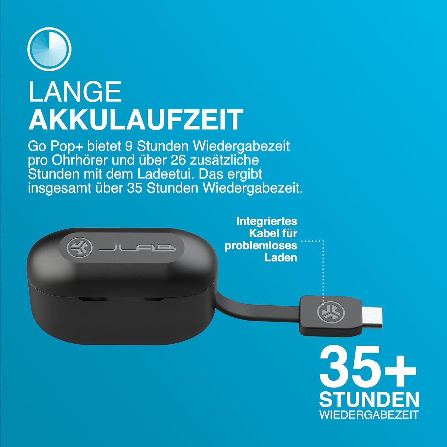 Schwarzes Kopfhörer-Ladecase auf blauem Hintergrund, mit Text über 35+ Stunden Wiedergabezeit.