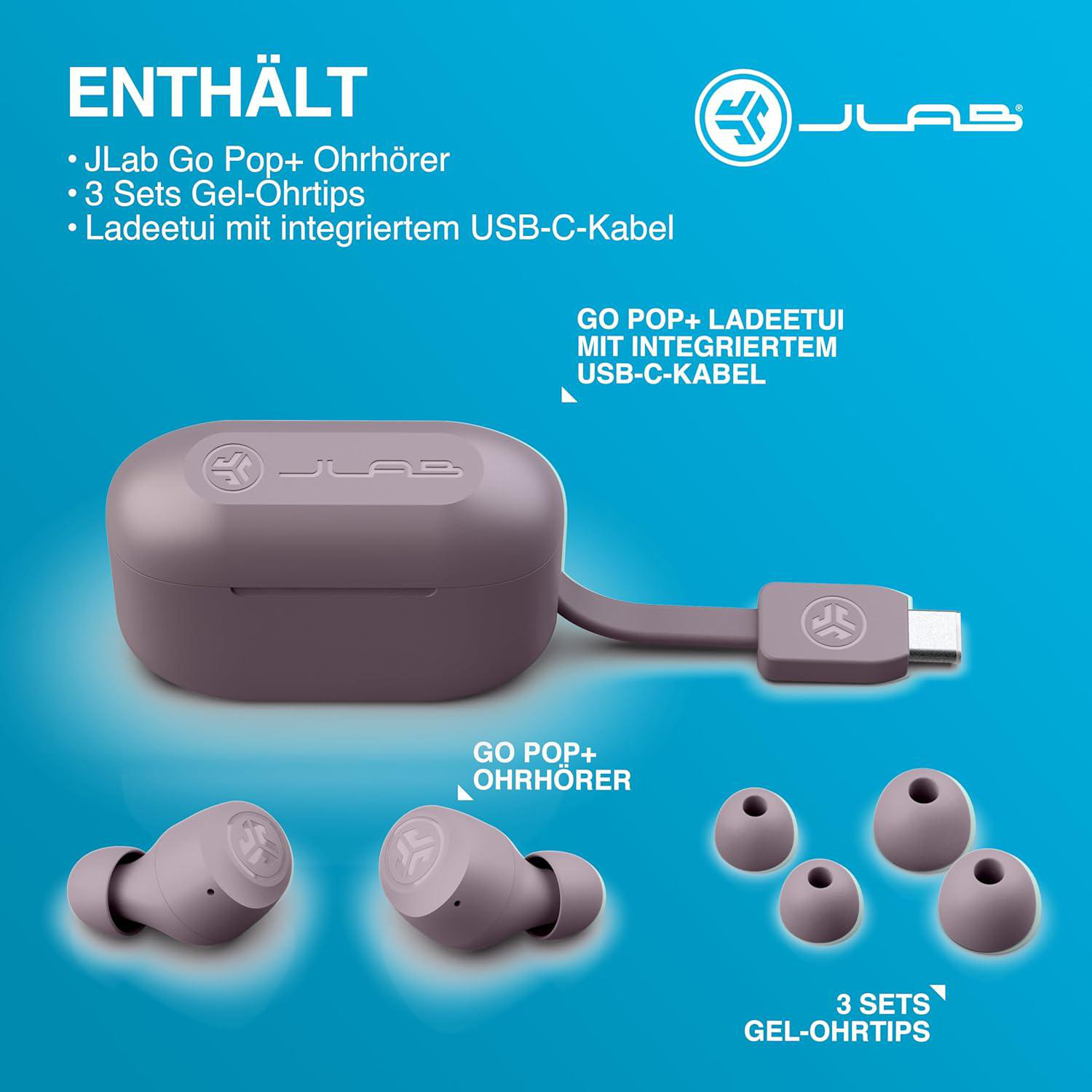 Das Bild zeigt JLab Go Pop+ Ohrhörer, Ladecase und Ohrstöpsel. Text enthält Produktdetails und Branding.