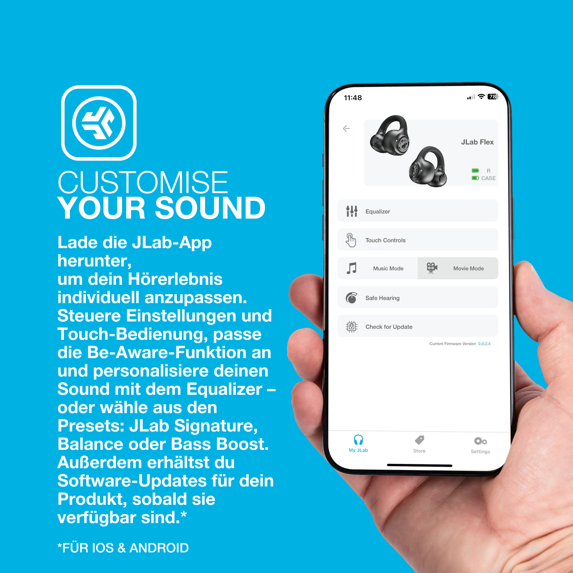 Das Bild zeigt einen Telefonbildschirm mit JLab Flex-Ohrhörern. Text auf dem Bildschirm beschreibt Anpassungsoptionen.
