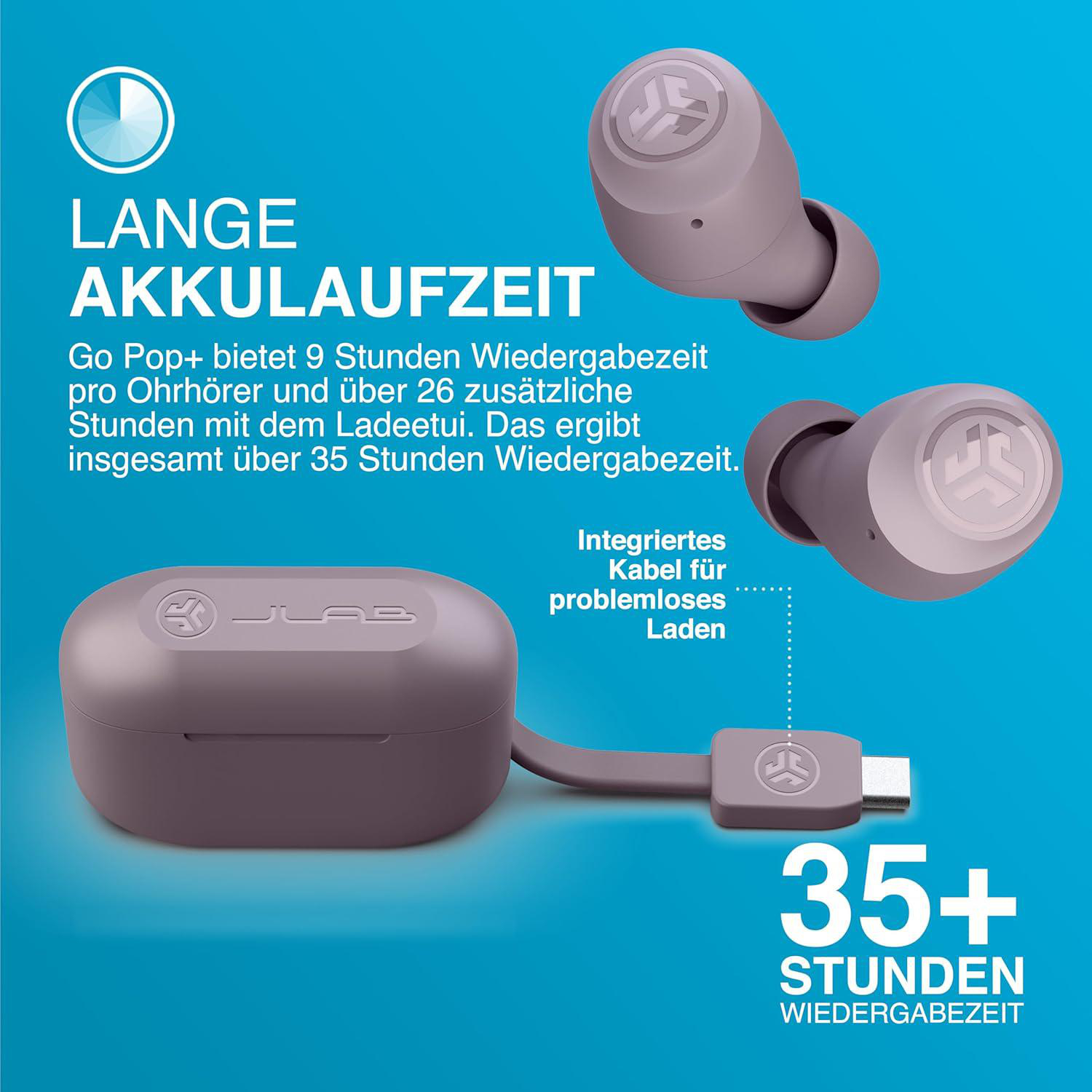Das Bild zeigt kabellose Ohrhörer, ein Ladeetui und ein USB-Kabel. Text weist auf 35+ Stunden Wiedergabezeit hin.