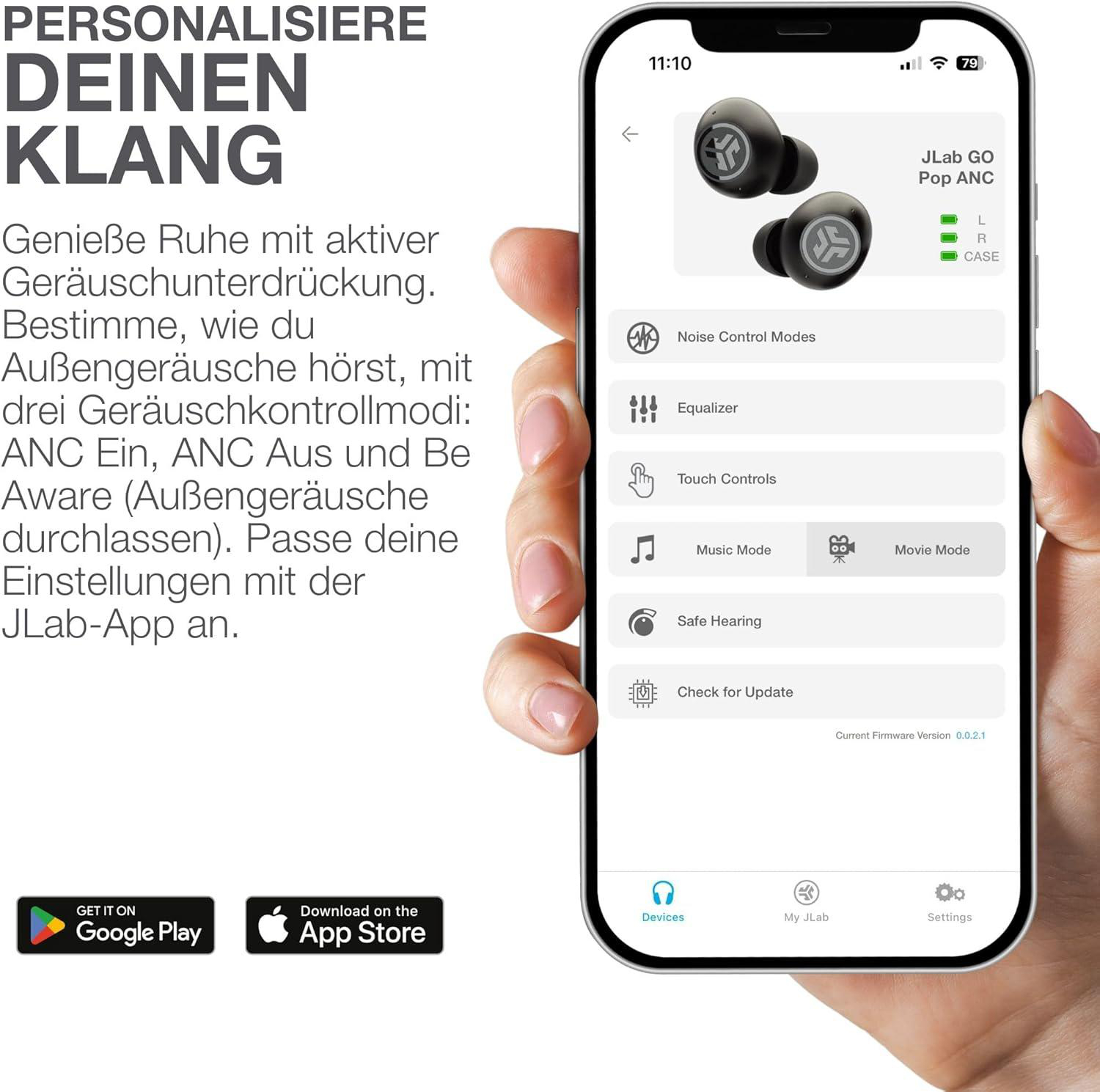 Eine Hand hält ein Telefon mit JLab Go Pop ANC-Kopfhörern. Der Bildschirm zeigt Geräuschkontrollmodi, Equalizer und andere Einstellungen.