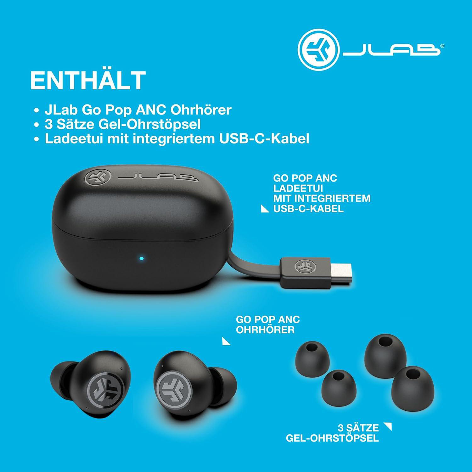 Das Bild zeigt JLab Go Pop ANC-Ohrhörer, ein Ladecase und Ohrstöpsel. Text erwähnt enthaltene Artikel und ein USB-C-Kabel.