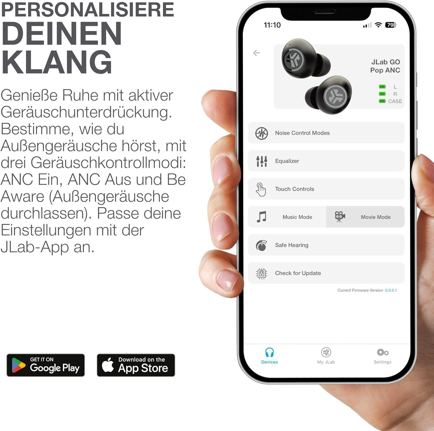 Eine Hand, die ein Telefon hält, auf dem JLab GO Pop ANC-Ohrhörer angezeigt werden. Der Bildschirm zeigt Einstellungen wie Geräuschkontrolle und Equalizer.