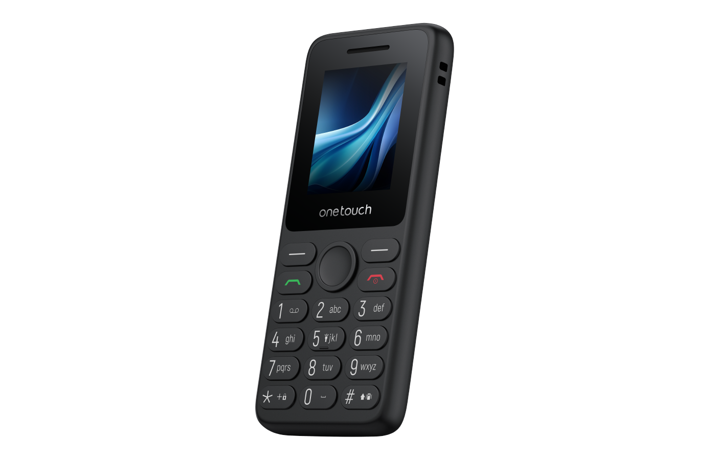 Siyah one touch cep telefonu. Mavi ve beyaz tasarımlı bir ekranı var. Telefonda bir tuş takımı ve bir navigasyon düğmesi var.