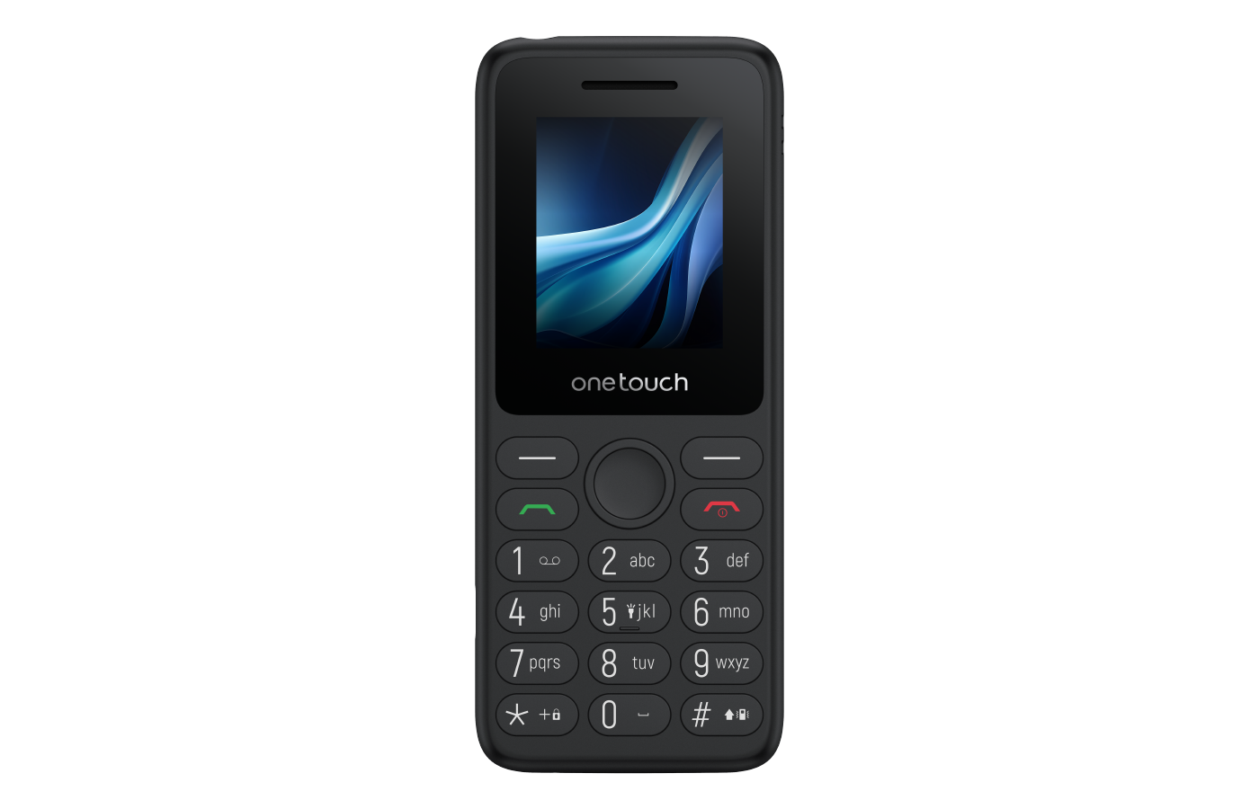 Siyah 'onetouch' cep telefonu. Mavi dalga desenli bir ekranı ve sayı ve sembollerle dolu bir tuş takımı var.