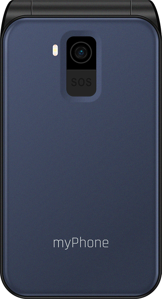 Sötétkék kagylótelefon hátlapja. Kamera és SOS gomb felül. A 'myPhone' alul látható.