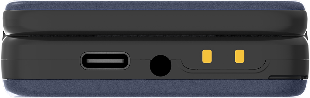 Egy eszköz közeli képe USB-C porttal, fejhallgató-csatlakozóval és két sárga jelzővel. Sötétszürke test kék szövet tetejével.