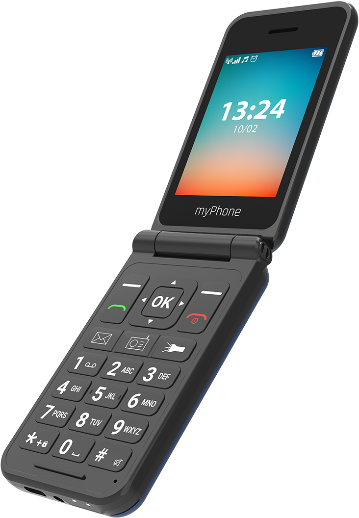 Egy fekete kagylótelefon nyitva van, mutatja az időt. Számgombok és gombok vannak rajta. A képernyő kék-narancs átmenetet mutat.