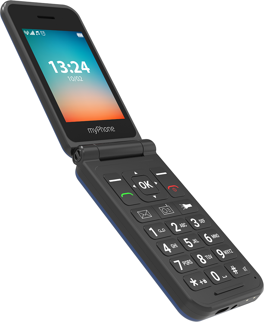 Egy fekete kagylótelefon nyitva van, a képernyőn 13:24 látható. A telefon nagyméretű gombokkal és kék-fekete dizájnnal rendelkezik.