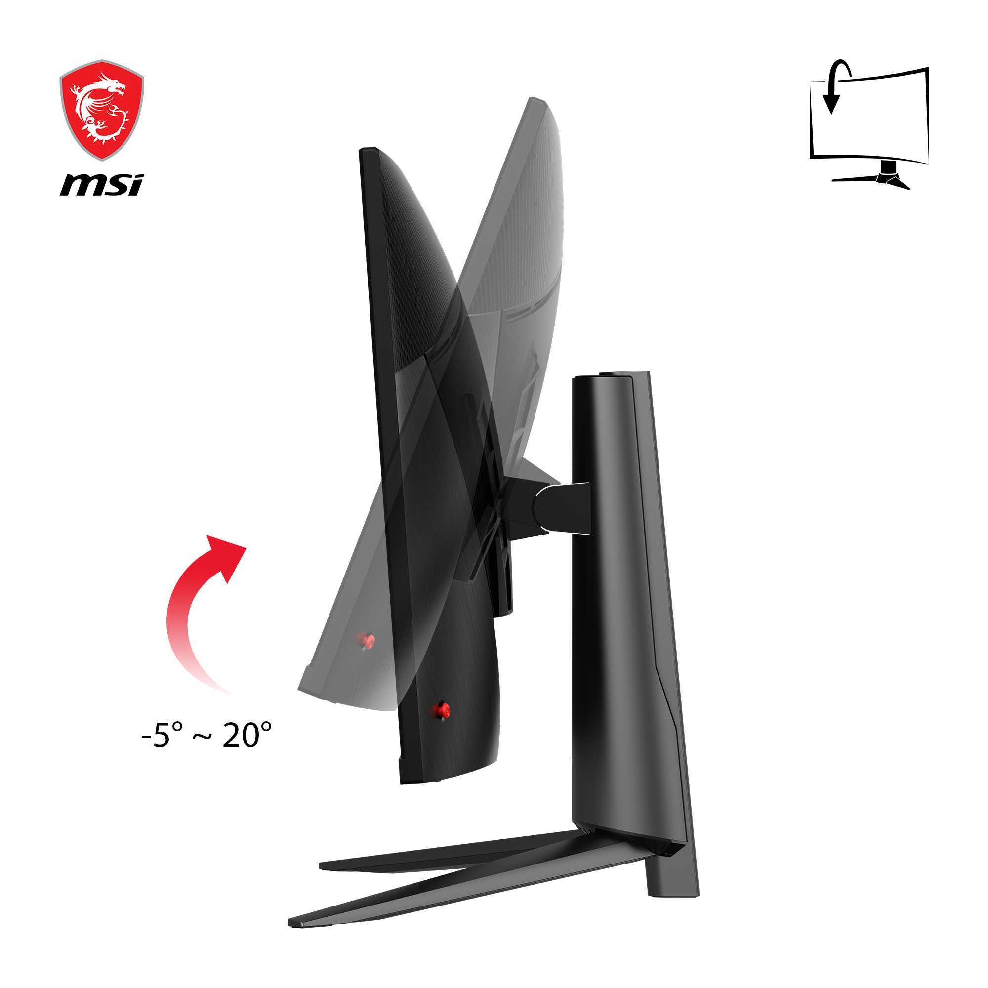 Schwarzer Monitor mit MSI-Logo. Der Bildschirm ist geneigt. Der Neigungsbereich beträgt -5° bis 20°. Der Hintergrund ist weiß.