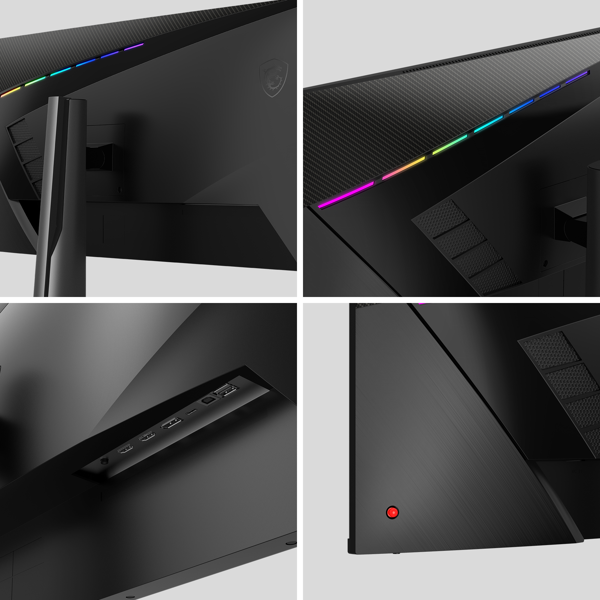 Nahaufnahme eines schwarzen Computermonitors. Er hat bunte LED-Lichter, Anschlüsse und einen Ein- / Ausschalter. Details der Rückseite.