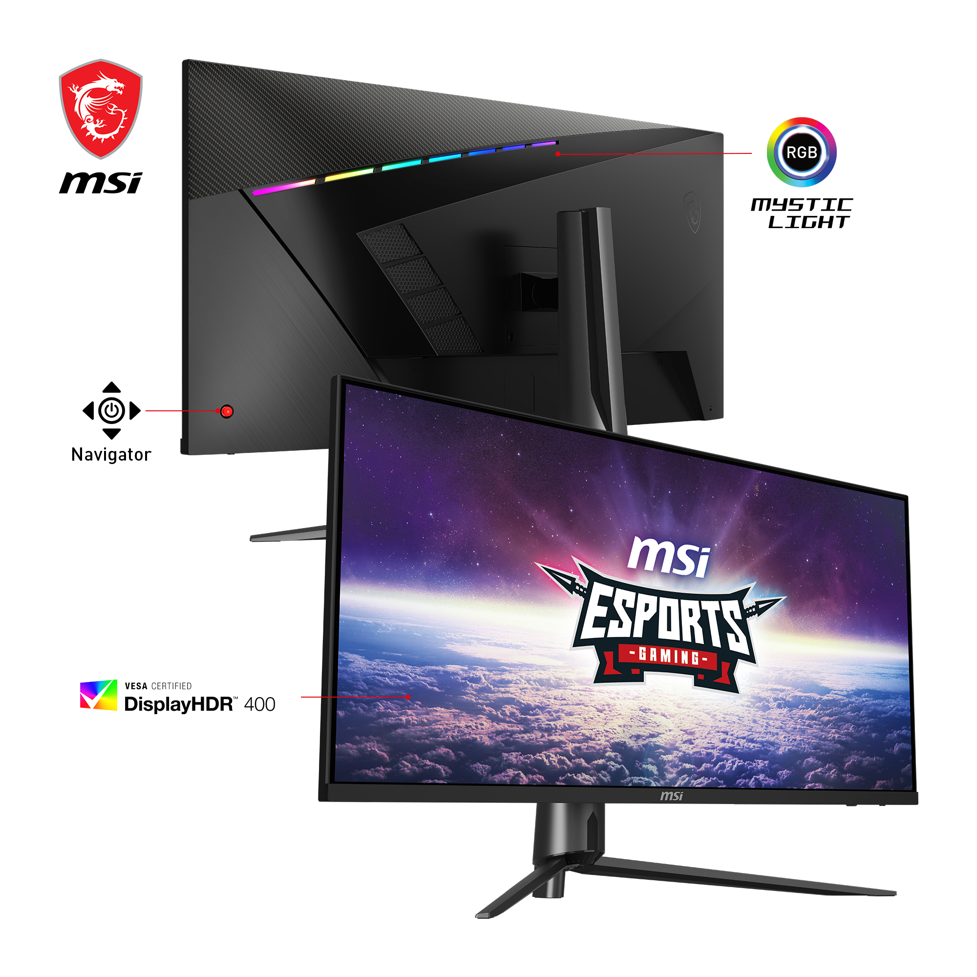 MSI-Gaming-Monitor. Schwarz mit RGB-Lichtern. Der Bildschirm zeigt einen Sternenhimmel mit dem MSI Esports Gaming-Logo.