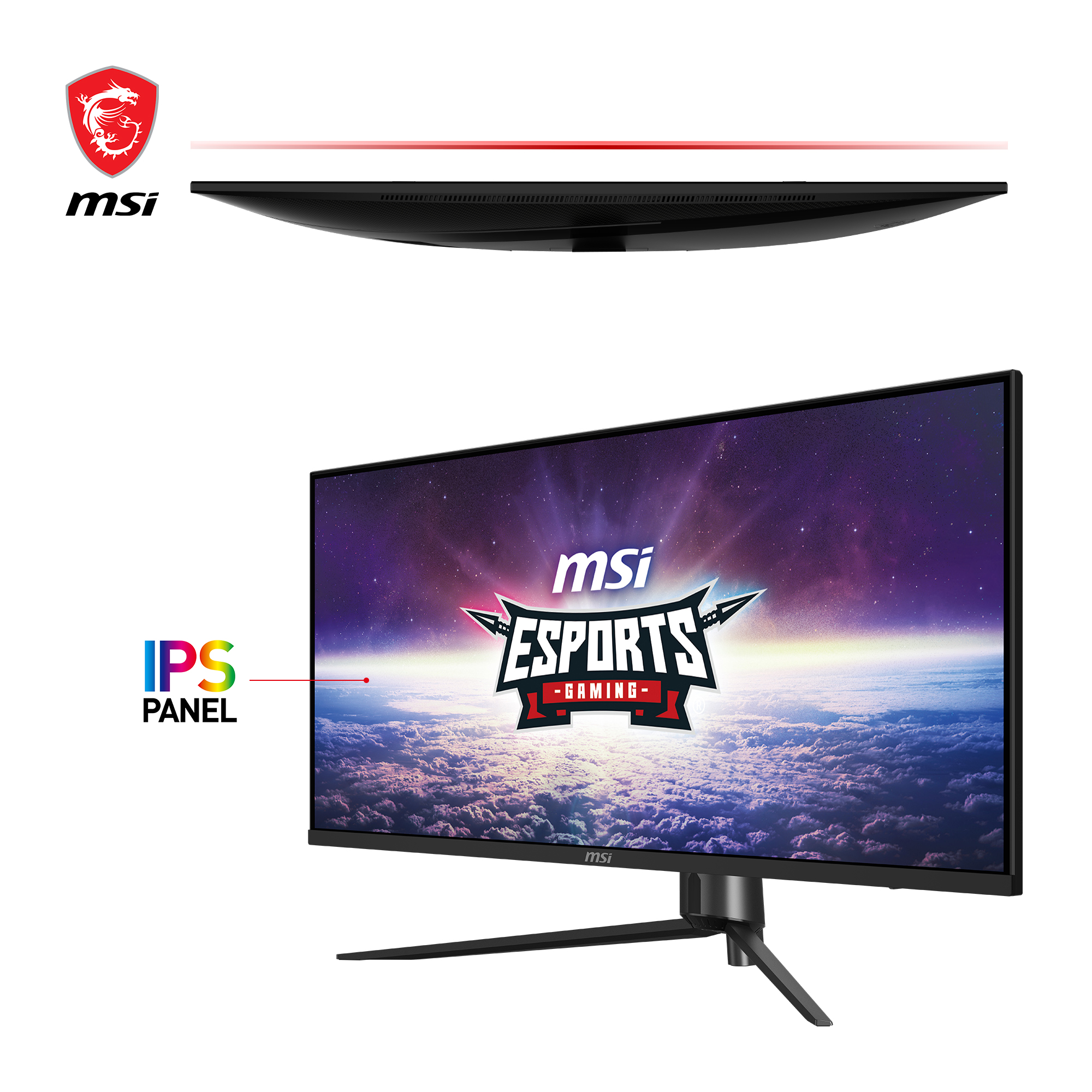 MSI-Gaming-Monitor. Der Bildschirm zeigt einen Sternenhimmel mit Logo, IPS-Panel-Label. Ein rotes Drachenlogo und MSI-Text sind ebenfalls vorhanden.