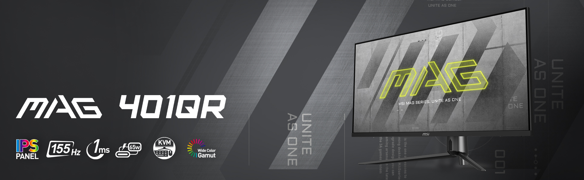 Monitor mit Text 'MAG 401QR'. Merkmale: IPS-Panel, 155 Hz, 1 ms, 65 W, KVM und Wide Color Gamut. Grauer Hintergrund.