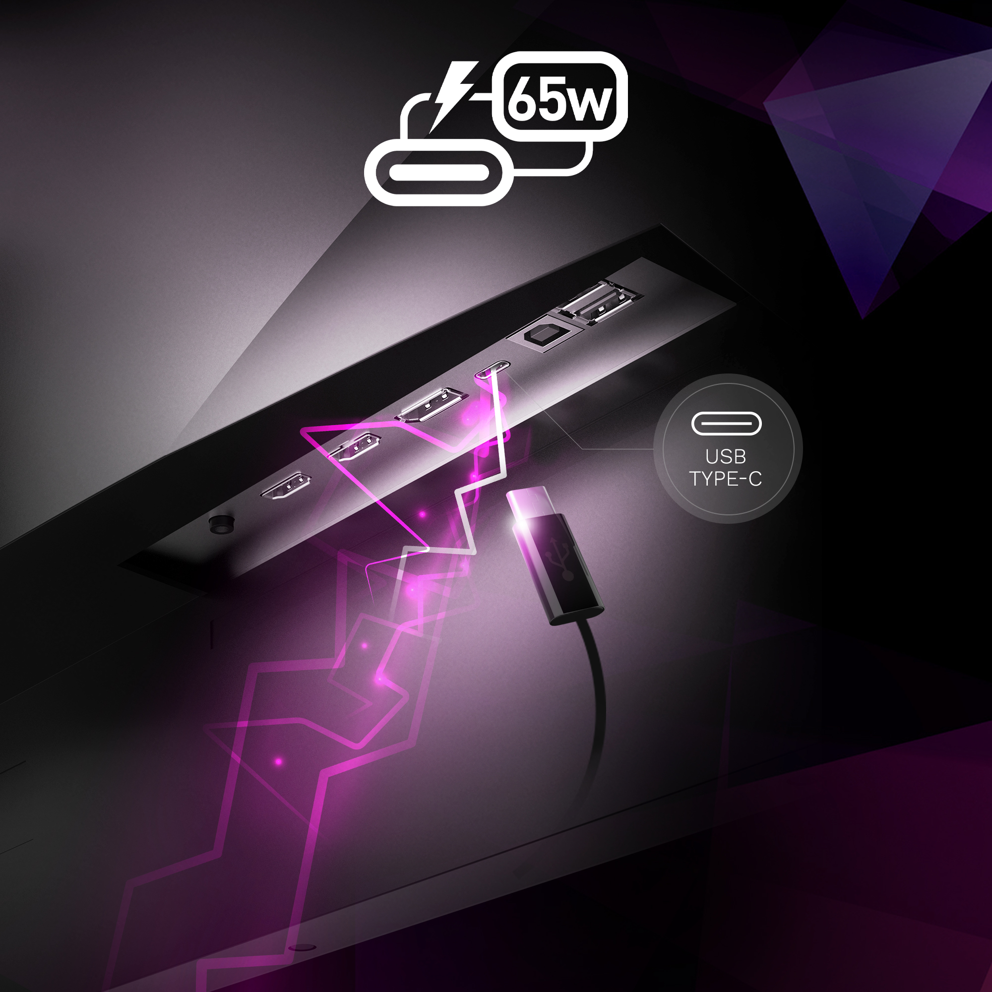 Das Bild zeigt ein USB-Typ-C-Kabel, das mit einem Gerät verbunden ist, mit einem 65-W-Stromsymbol. Pinke Blitze heben das Aufladen hervor.
