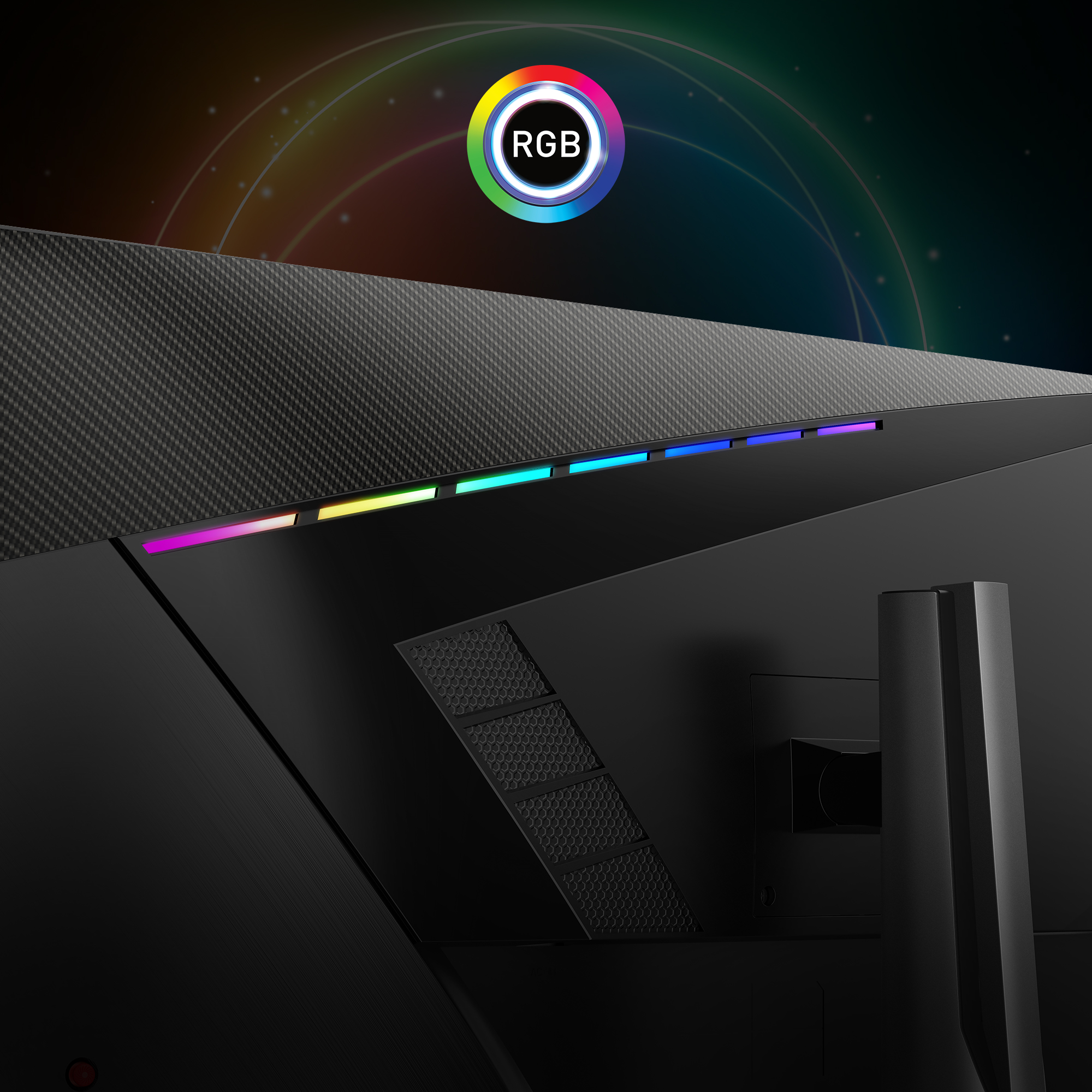 Rückansicht eines schwarzen Monitors mit RGB-Lichtern. Der Hintergrund hat einen bunten Farbverlauf mit einem RGB-Logo.