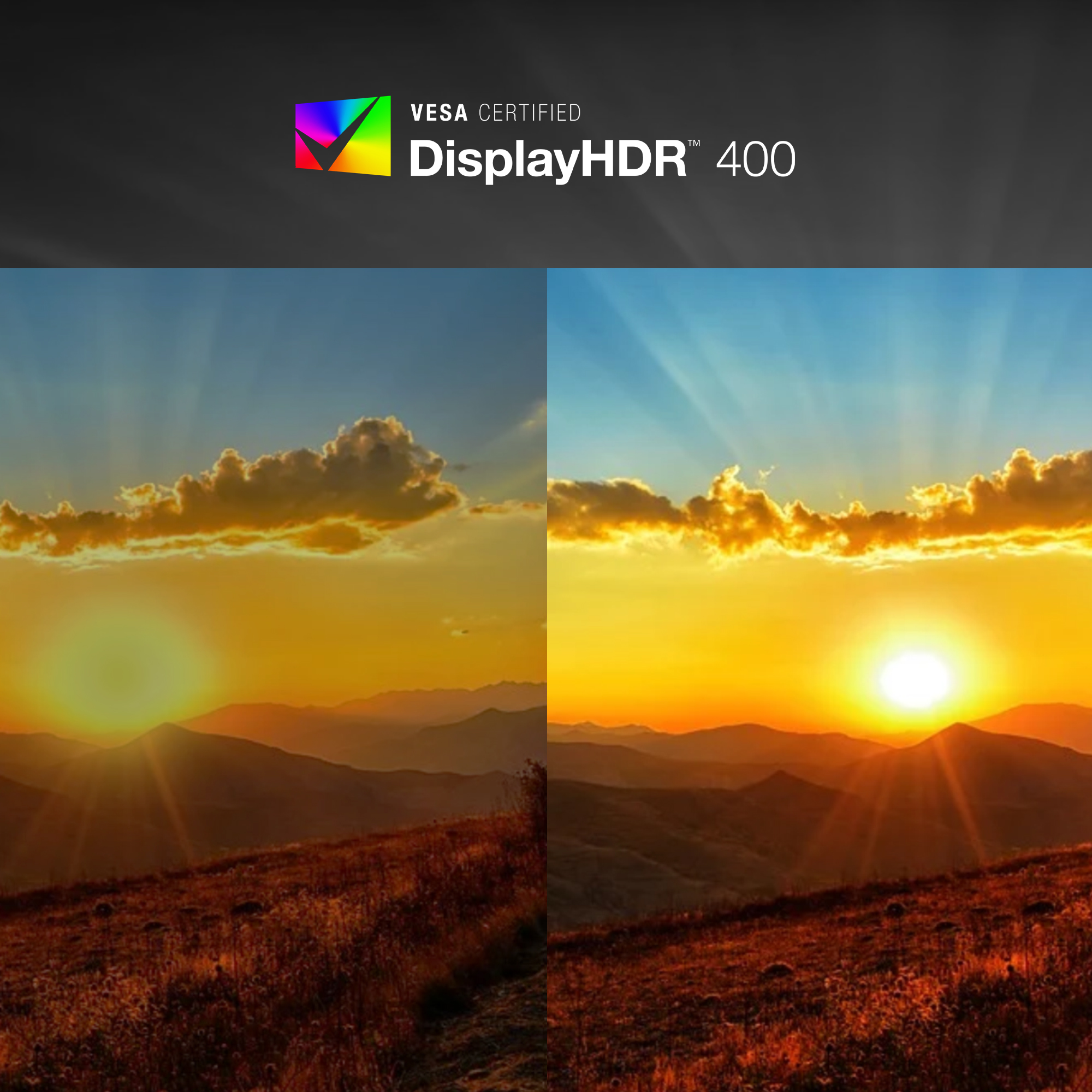 Ein geteiltes Bild zeigt einen Sonnenuntergang über Bergen. Der Himmel ist blau, der in Orange übergeht. Die Sonne ist hell. DisplayHDR 400 Logo.