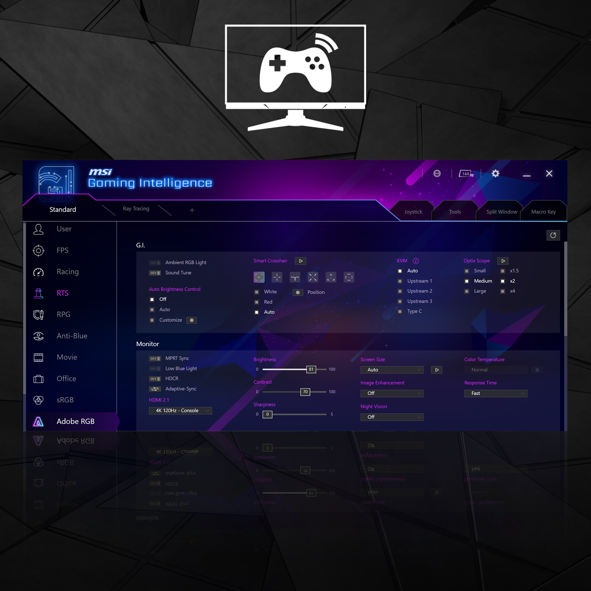 MSI Gaming Intelligence Oberfläche. Ein Monitor zeigt Einstellungen für Helligkeit, Kontrast, Schärfe und andere Anzeigeoptionen.