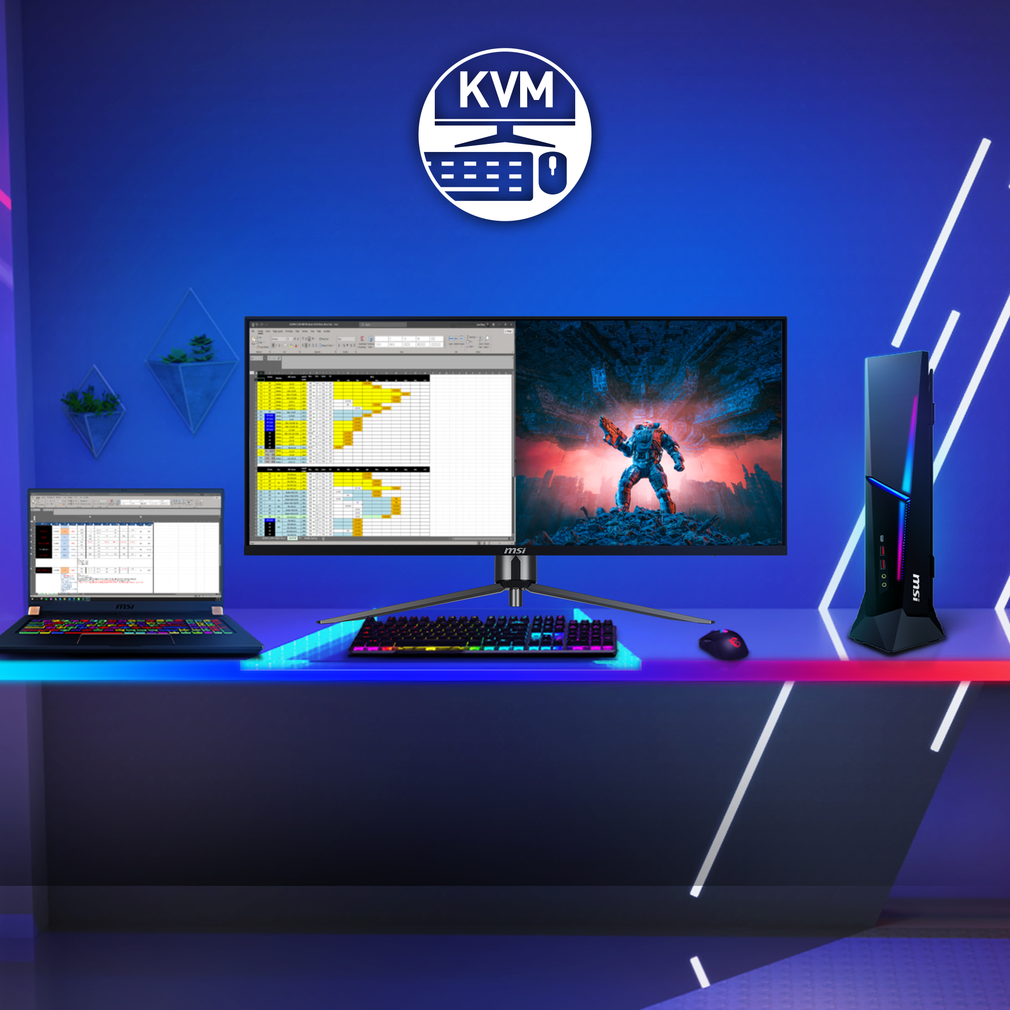 Ein Desktop-Setup mit Laptop, großem Monitor mit Tabellenkalkulation und Gaming-PC mit blau-rotem Thema.