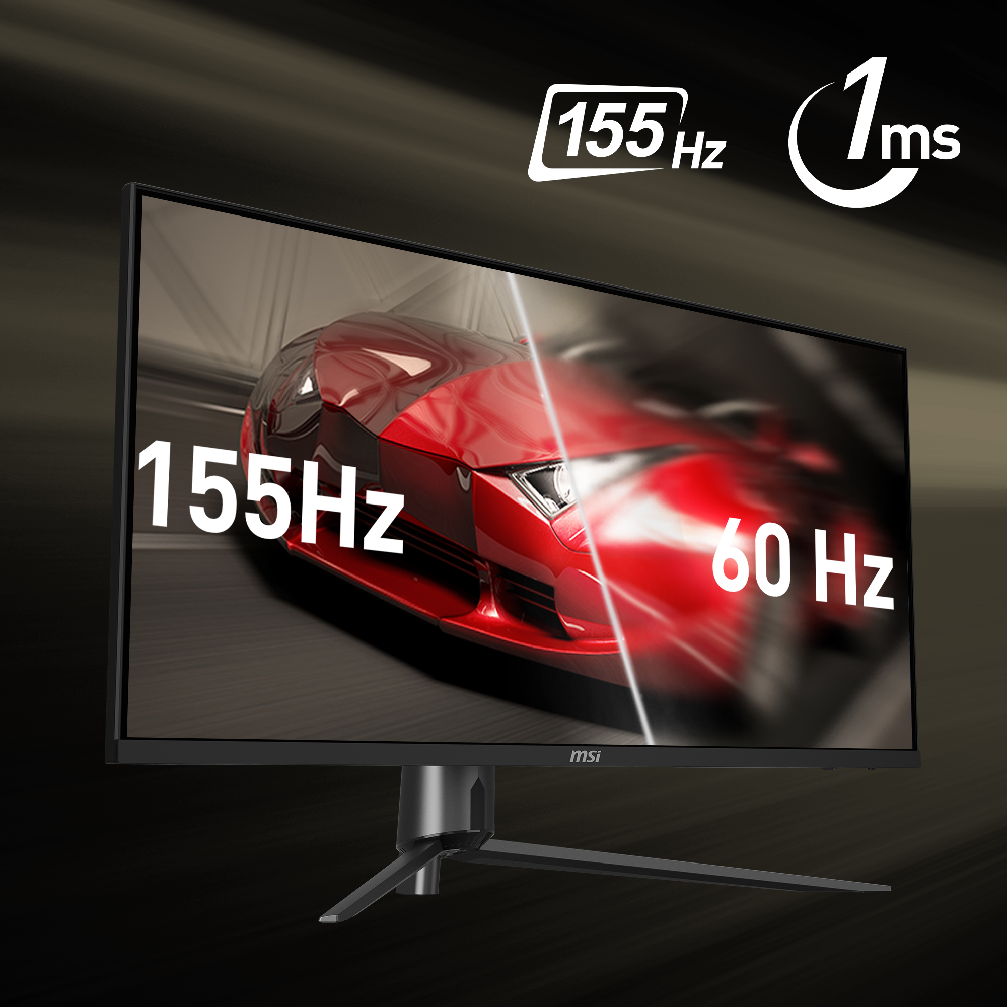 Ein Computermonitor zeigt einen roten Sportwagen. Text zeigt 155Hz und 1ms. Der Bildschirm zeigt auch 60 Hz.