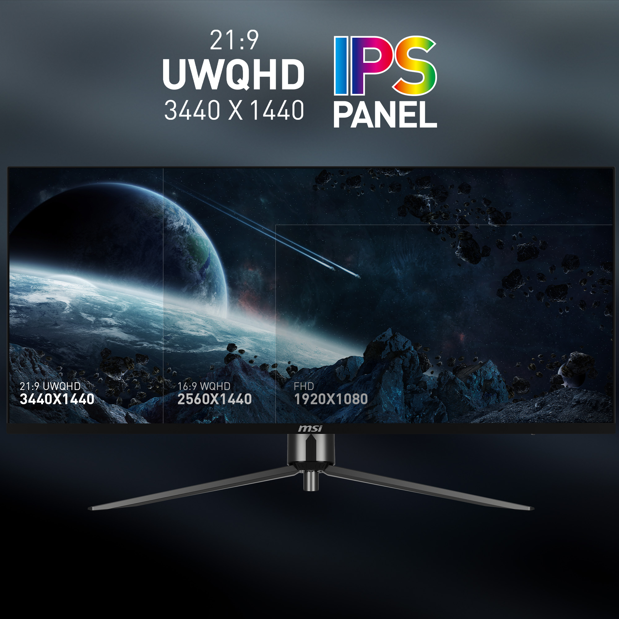 Ein Computermonitor zeigt eine Weltraumszene. Oben steht UWQHD IPS PANEL. Der Monitor steht auf einem Ständer.