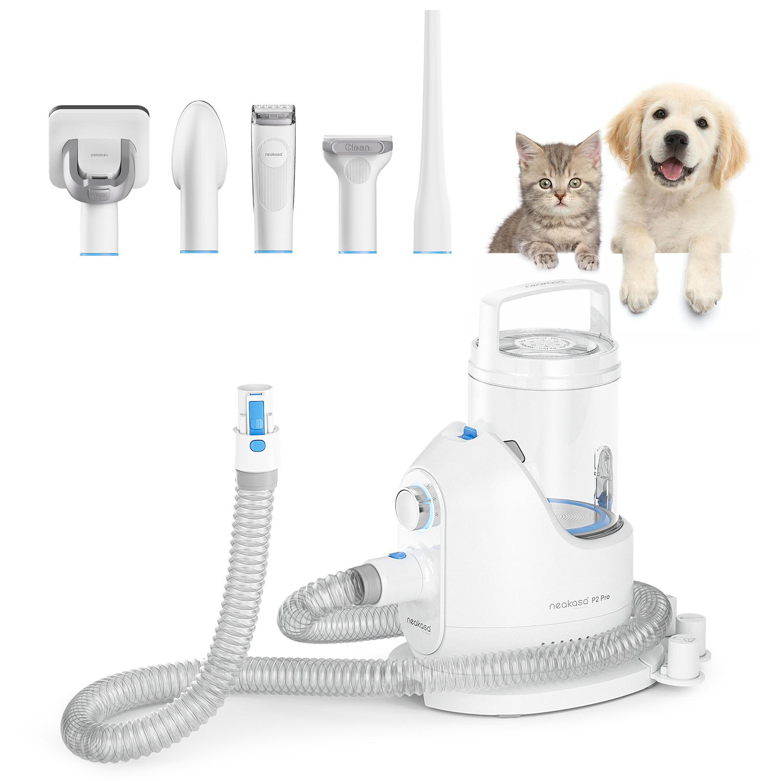 Eine weiße CPAP-Maschine mit Zubehör und Haustieren, einer Katze und einem Welpen. Die Maschine ist mit "neakasa" beschriftet.