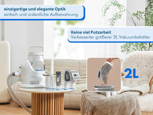 Ein Staubsauger und Zubehör stehen auf einem Tisch. Eine Person leert einen Staubbehälter. Text: einzigartiges Aussehen, einfache Lagerung.