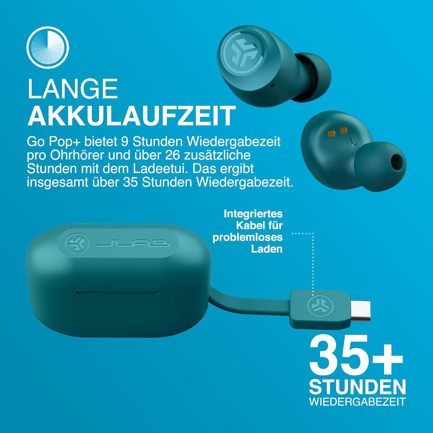 Türkis Ohrhörer, Ladecase und Kabel auf blauem Hintergrund. Text zeigt 35+ Stunden Wiedergabe an.