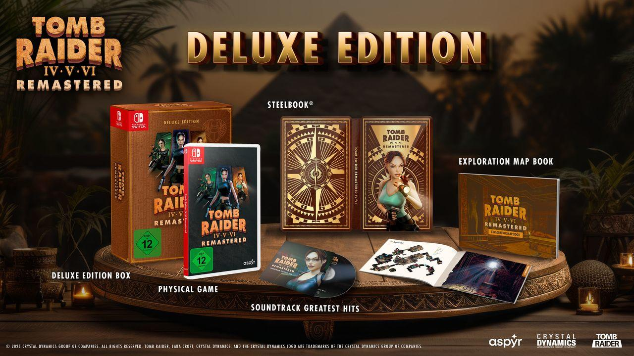 Tomb Raider IV-V-VI Remastered Deluxe Edition Box-Set. Enthält Spiel, Steelbook, Kartenbuch, Soundtrack und eine CD.