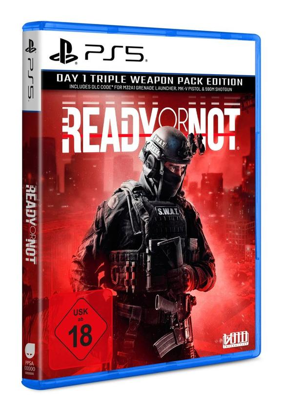 Spielbox für Ready or Not. Ein SWAT-Beamter steht vor einem roten Hintergrund. Das Spiel ist ab 18 Jahren freigegeben.