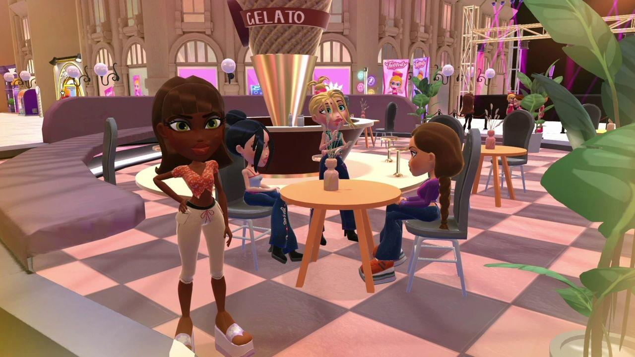 Cartoon-Szene eines Cafés. Mehrere Puppen sitzen an Tischen, eine Puppe steht vorne. Im Hintergrund ein Gelato-Schild.
