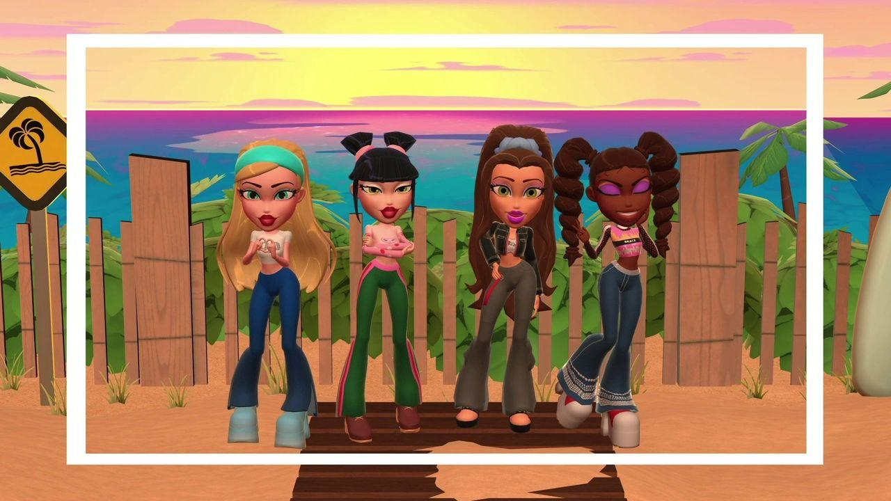 Vier Bratz-Puppen stehen vor einer Strandszene. Jede Puppe hat einzigartige Haare und Outfits. Ein Schild mit einer Palme ist sichtbar.